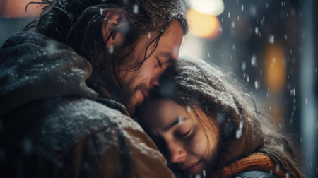 A man and woman embrace in the rain, AIの素材