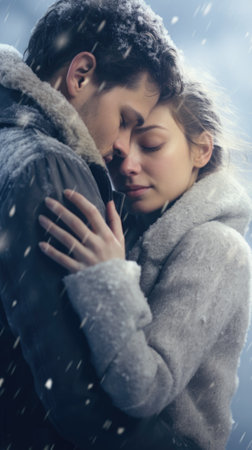 A man and woman embrace in the snow, AIの素材