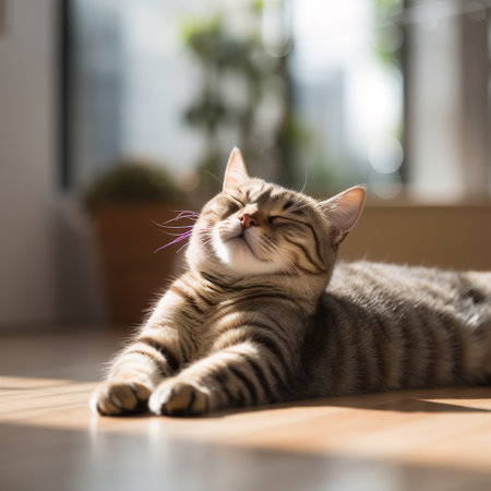 A cat laying on the floor with its eyes closed, AIの素材