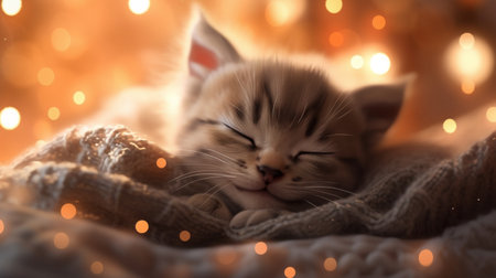 A kitten is sleeping on a blanket with lights, AIの素材