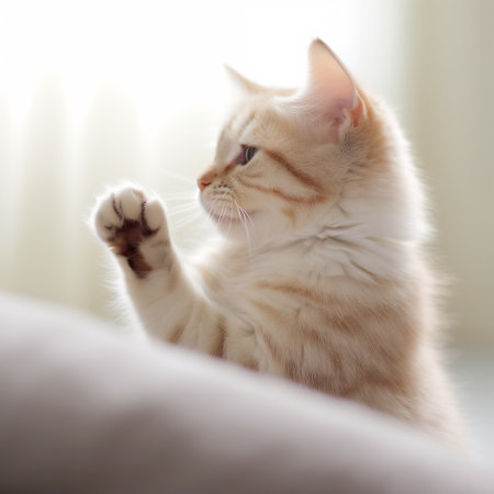 A cat is sitting on a bed and reaching up, AIの素材
