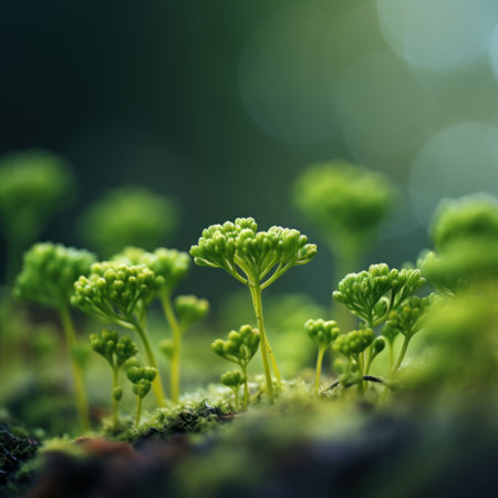 Small green plants growing on a mossy surface, AIの素材