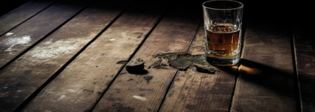 A glass of whiskey sitting on a wooden table, AIの素材