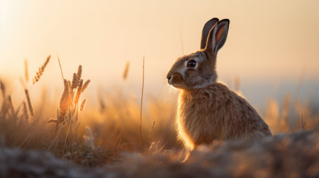 A rabbit is sitting in the grass at sunset, AIの素材