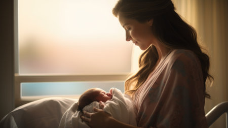 A woman holding her newborn baby in a hospital room, AIの素材