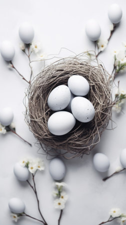 Easter eggs in a nest on white background, AIの素材