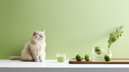 A cat sitting on a table next to green fruit, AIの素材