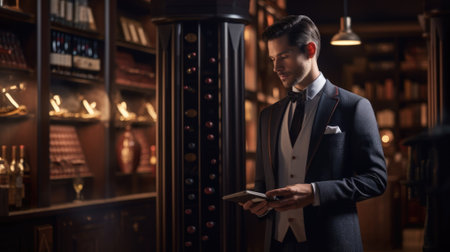A man in a suit and tie standing by shelves of wine, AIの素材