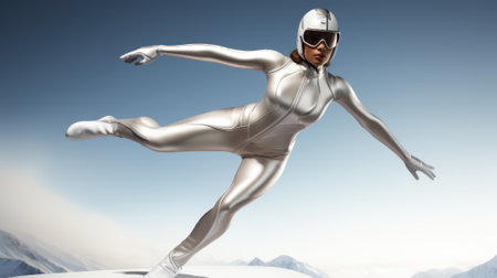 A woman in a white suit is jumping on snow, AIの素材