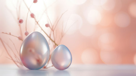 Two shiny eggs on a table with flowers, AIの素材
