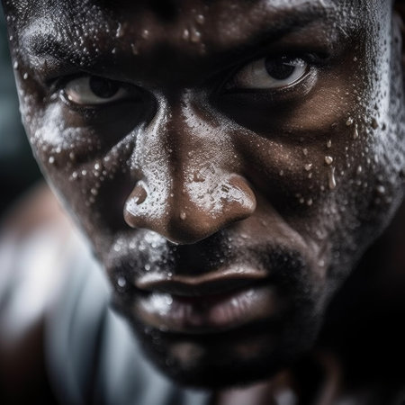 A close up of a man with sweat on his face, AIの素材
