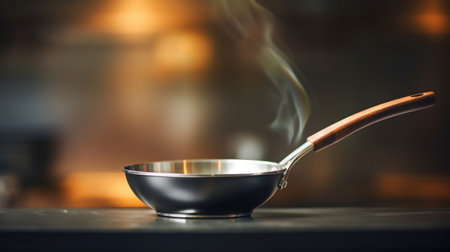 A pan with a wooden handle sitting on top of the counter, AIの素材