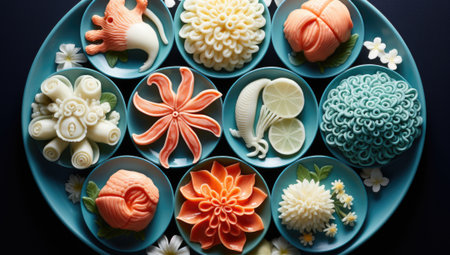 A plate with different colored flowers and vegetables, AIの素材