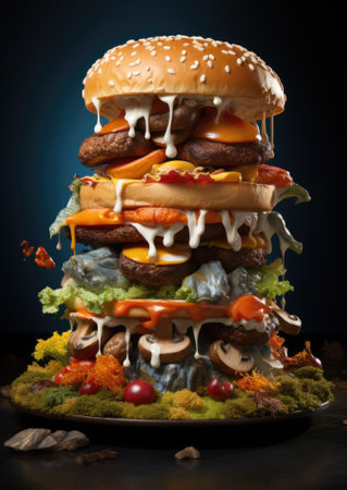 A large hamburger with many different toppings, AIの素材