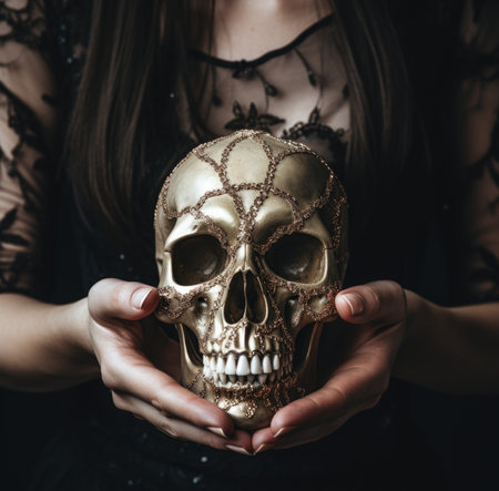 A woman holding a gold skull in her hands, AIの素材