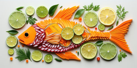 Fish made out of sliced fruit and vegetables, AIの素材