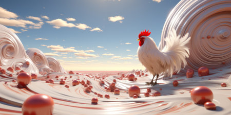 A rooster stands on top of a large mound of eggs, AIの素材