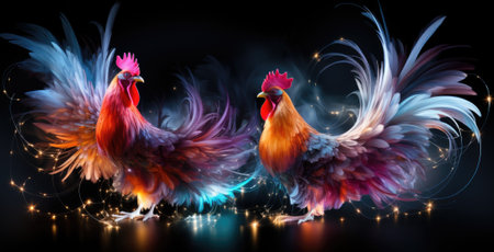 Two roosters are standing on a black background, AIの素材