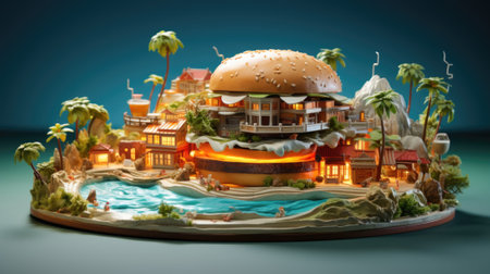 A model of a burger with a house and palm trees, AIの素材
