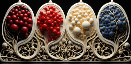 Three different colored glass pieces with red, white and blue berries, AIの素材
