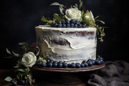 A white cake with blueberries and flowers on top, AIの素材