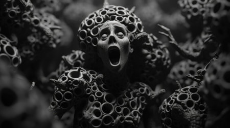 A black and white image of a woman with many holes in her head, AIの素材