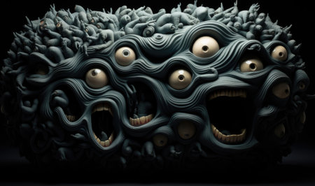 A large, creepy, black and white sculpture with eyes, AIの素材
