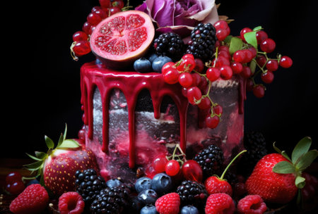 A cake with berries and a red frosting, AIの素材