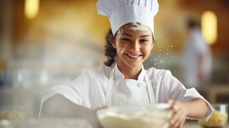 A woman in a chef hat is mixing dough or something else into the bowl, AIの素材