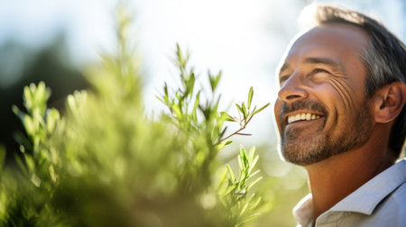 Smiling man in the garden, AIの素材