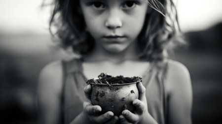 A black and white photo of young girl holding a metal bowl, AIの素材