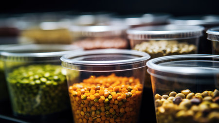 A variety of different types and colors in plastic cups, AIの素材