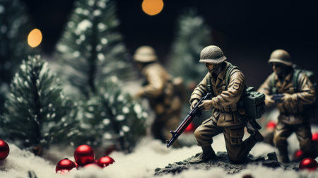 An anti-war theme, toy soldiers are standing in front of christmas decorations, AIの素材
