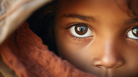 A young girl with big eyes looks up at the camera, AIの素材
