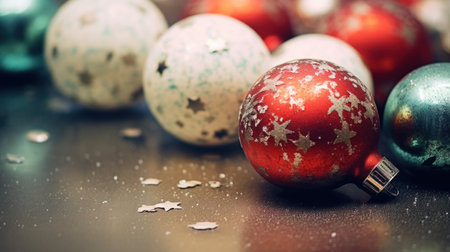 Christmas ornaments on a table with snowflakes, AIの素材