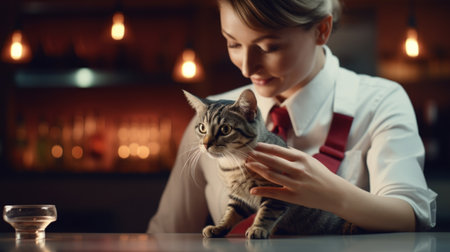 A woman in apron holding up her cat on the bar, AIの素材