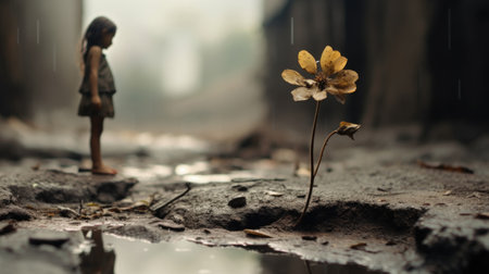 A little girl standing in the middle of a puddle with flowers, AIの素材