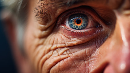 An older mans eye with a blue iris, AIの素材