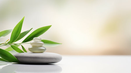 Zen stone with green leaves on white background, AIの素材