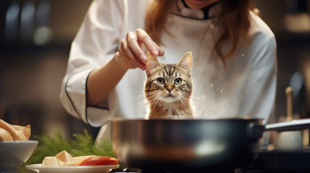 A woman in a chefs coat is cooking food with her cat, AIの素材