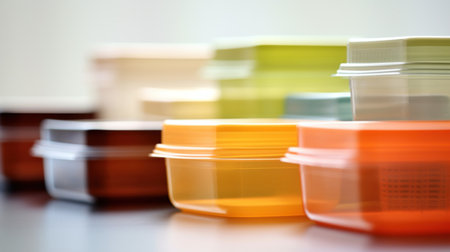 A row of containers with lids on a table, AIの素材