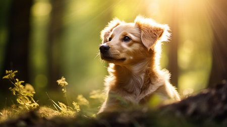 A golden retriever puppy sitting in the sun, AIの素材