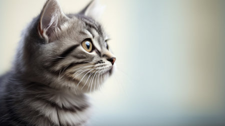 A gray and white kitten looks up at something, AIの素材