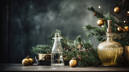 A bottle of perfume, a candle and some christmas decorations, AIの素材