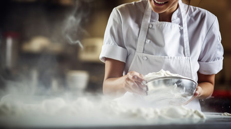 A woman in a white shirt is mixing dough, AIの素材