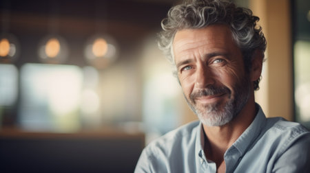 A man with curly hair and a beard is smiling, AIの素材