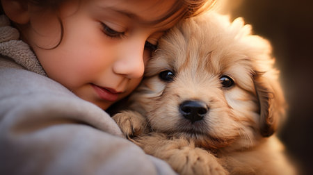 A little girl is hugging a dog, AIの素材
