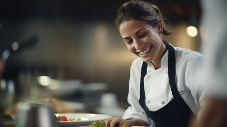 A woman in a chefs uniform is smiling while preparing food, AIの素材