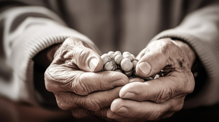 An old person holding a handful of beans, AIの素材