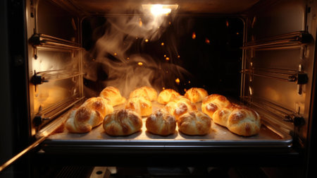 A rack of bread in an oven with smoke coming out, AIの素材